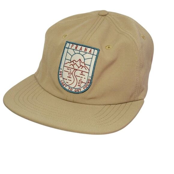 Prana Gazin Patch Hat Nomad Get Lost to Get Found UPF 50 Tan Snapback Unisex NEW - Picture 1 of 14
